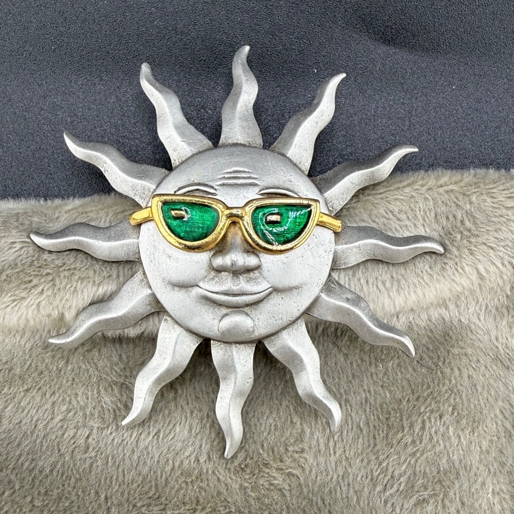 Vintage JJ Sunshine Brooch Celestial Silver Tone Enamel Sunglasses
